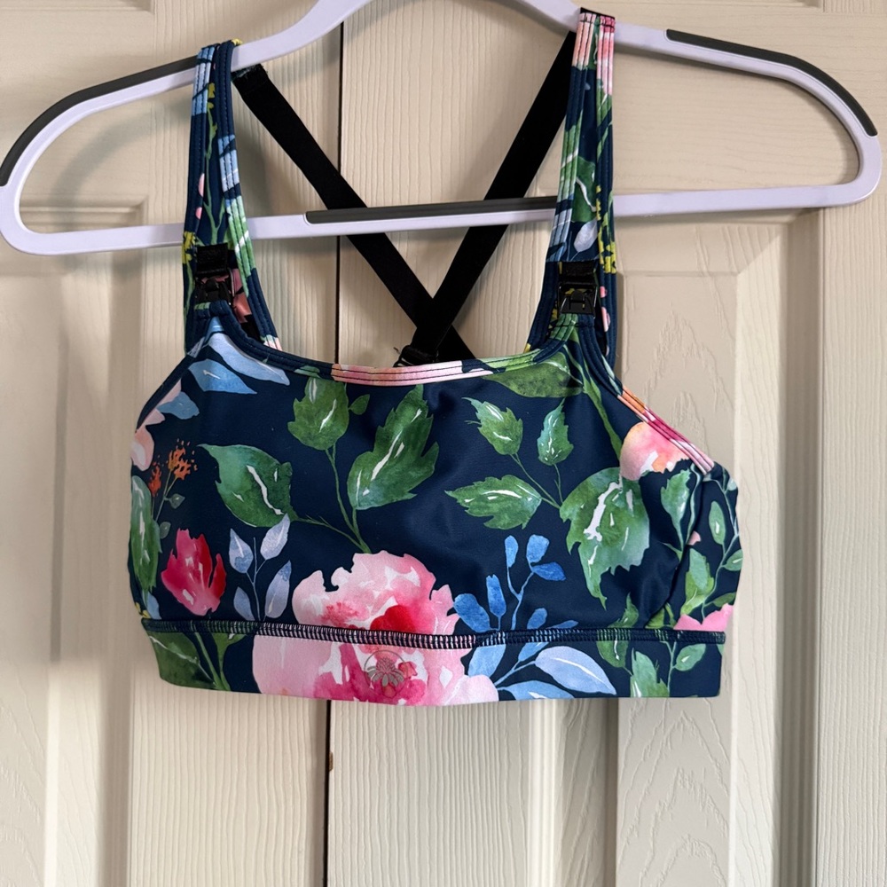 Senita Athletics Floral Nursing Sports Bra - Navy and Pink size medium